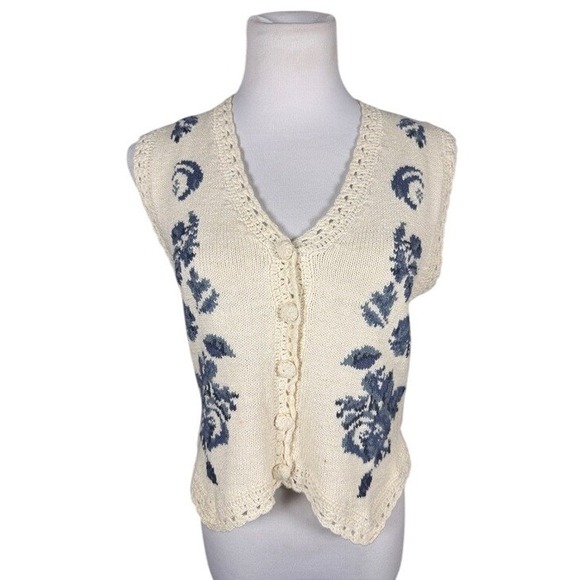 Mixit Jackets & Blazers - Mixit Womens Medium Floral Striped Knit Sweater Vest Blue Cream Ramie Cotton
